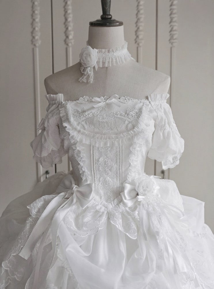 White Top Sleeves Lace Lolita Neckline Puff Details Boned Corset Illusion and Classic with Elegant Embroidery