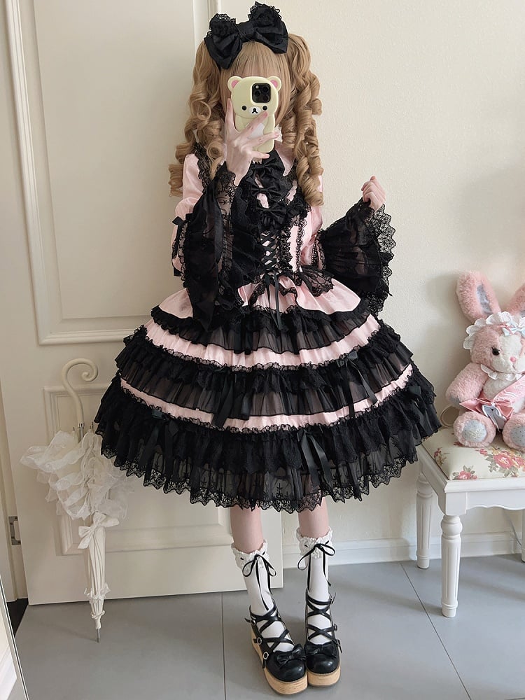 Bell Black Lolita and Long Sleeves Skirt Tiered Pink Ruffle Decorated Bows Dress