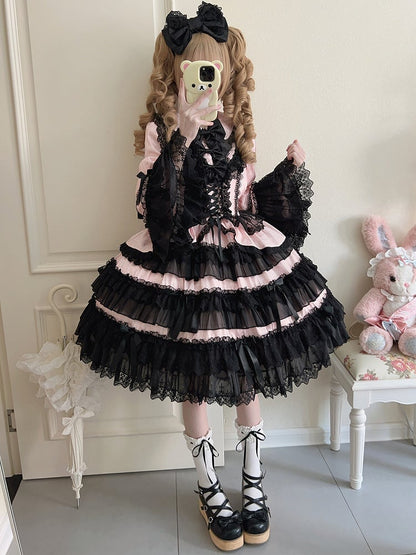 Bell Black Lolita and Long Sleeves Skirt Tiered Pink Ruffle Decorated Bows Dress