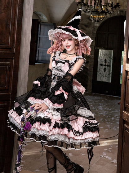 Witch-Themed Cross Accent Lolita JSK Full Ensemble in Black and Pink with Bow Train, Cape, Detachable Sleeves, Hat and Outer Sleeves - Felinae Cookie