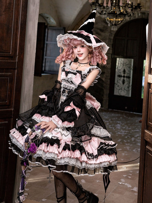Witch-Themed Cross Accent Lolita JSK Full Ensemble in Black and Pink with Bow Train, Cape, Detachable Sleeves, Hat and Outer Sleeves - Felinae Cookie