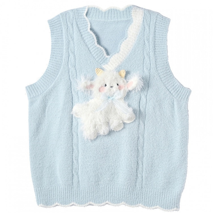 Yume Kawaii Blue Knitted Vest with Plush Lamb at Front