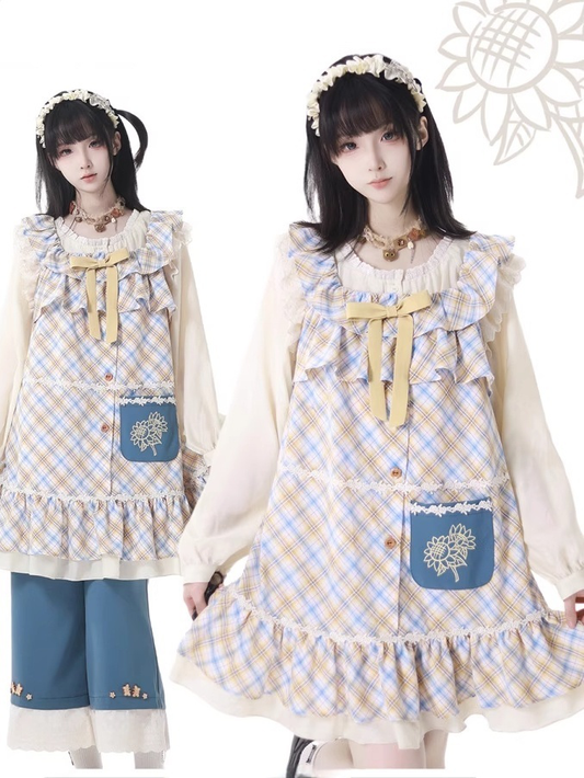 und kariertes Cottagecore-Kleid mit gestuften Flatterärmeln, gelbes Kleid mit abnehmbarer Schleife, blau