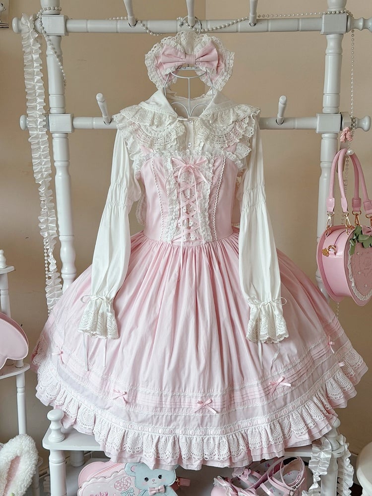 Pink Lace-Up Lolita Jumper Skirt with Ruffled Hem