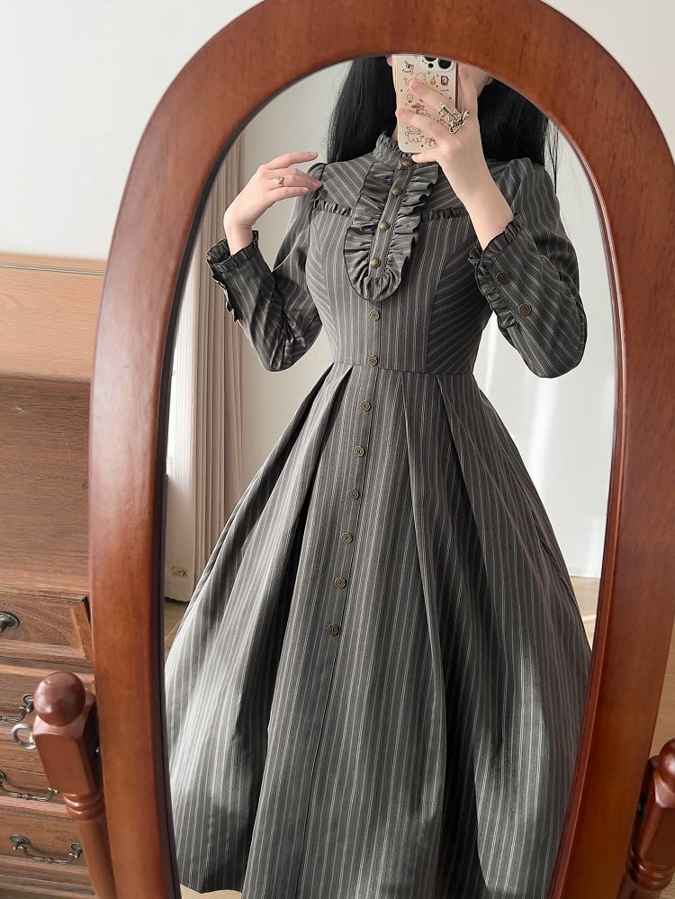 Ruffle Details and with Lacing Gray Back Side Striped Vintage Zipper Dress