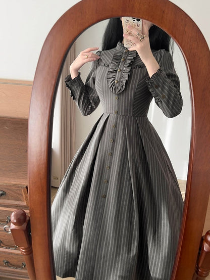 Ruffle Details and with Lacing Gray Back Side Striped Vintage Zipper Dress
