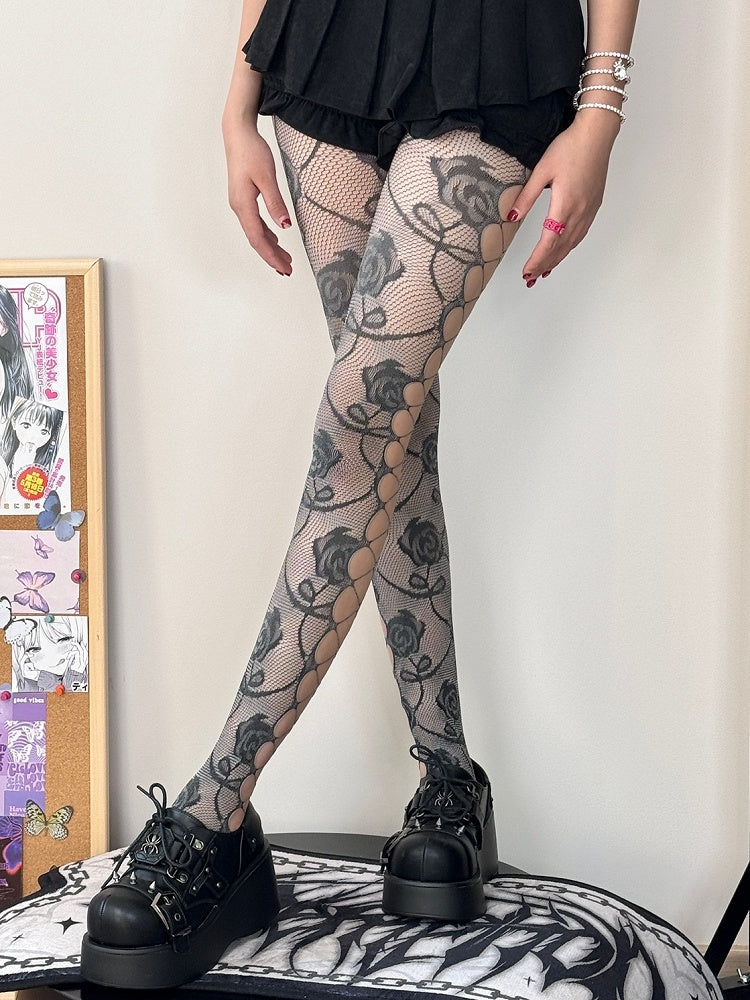 Tights Design Cut-out Y2K Pattern BlackGray/PurpleGreen Floral