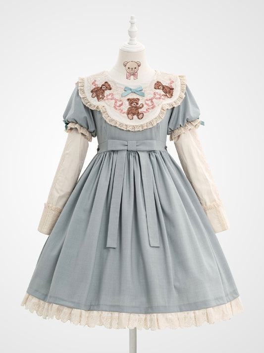 Bear Lace Trim Dresswith Teddy Embroidered Sleeves Puff Blue Neckline Lolita Sweet Mint