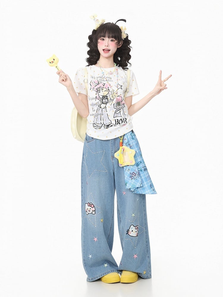 Beige Star Cartoon Graphic Tee - Languid Park