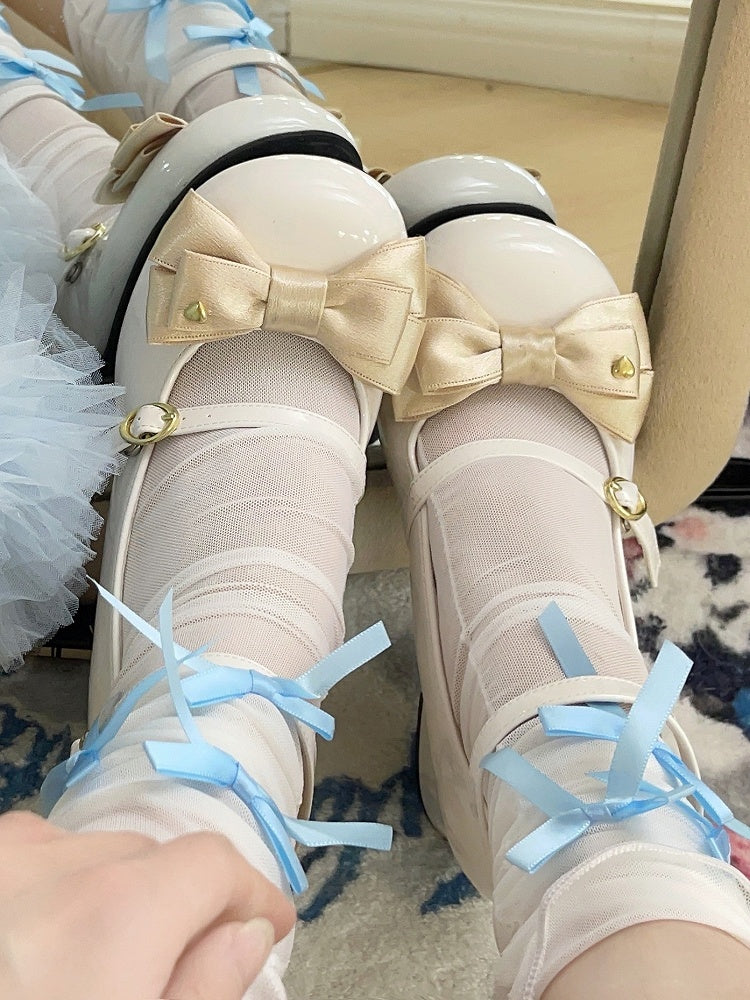 Champagne Sweet Janes White Heel Lolita Block Mary High Heart-Decorated PU Bow in Leather