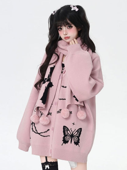 Cardigan Pompon Butterfly Scarf with - Bittersweet Charm Black/Pink Motifs Cross Set