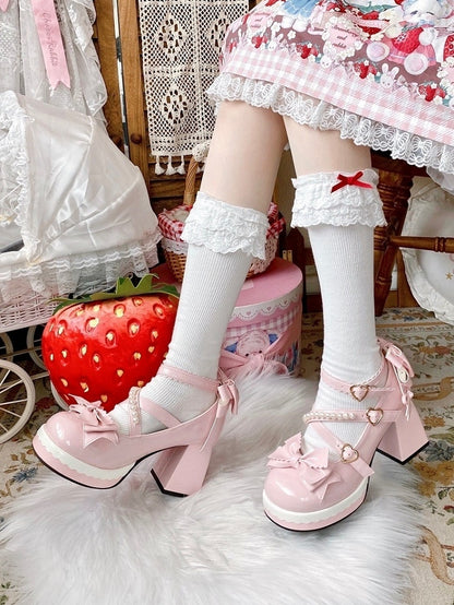 Shoes at - High Bow Platform Sweet PU Straps Lolita Top Beaded Block Decor Crisscross Heel Pink