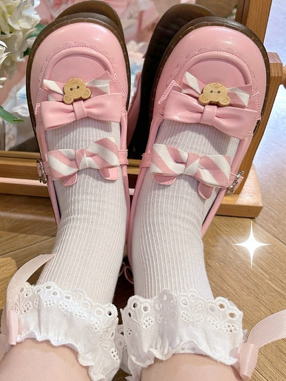 - 2 cm süße, gleichmäßig gestreifte Flats mit rosa Schleife und PU-Lolita-Sohle