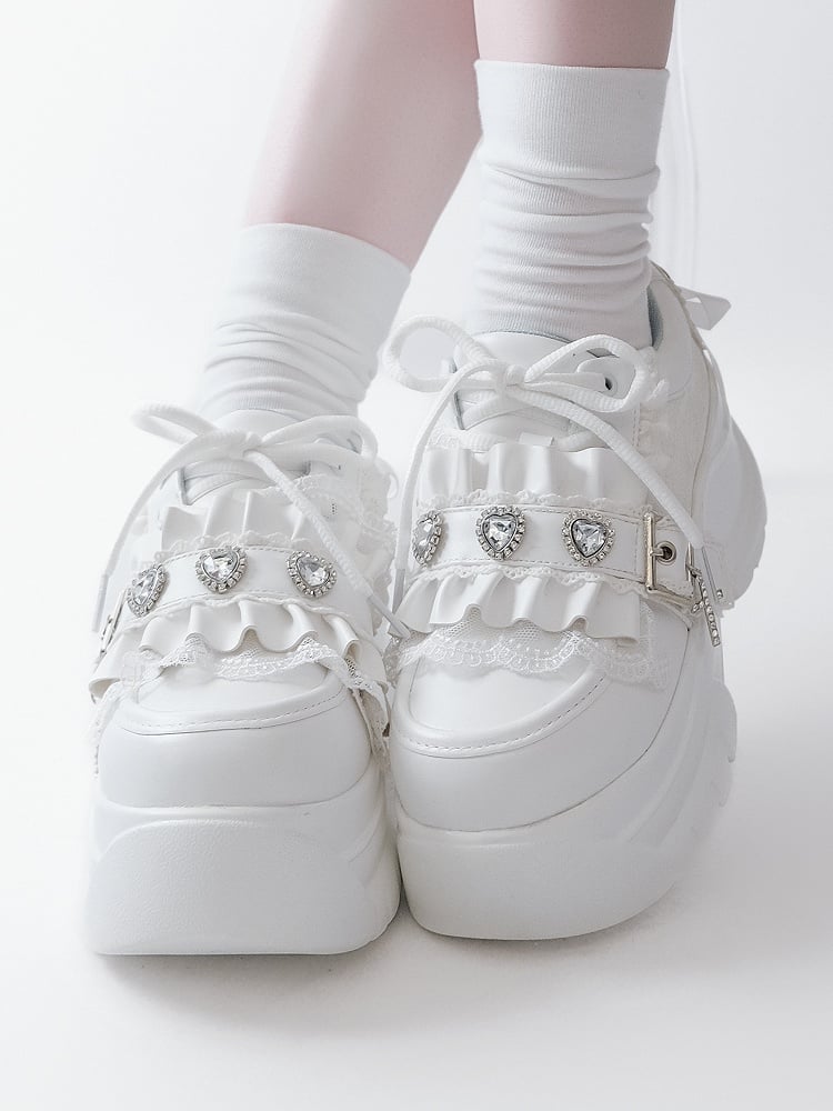Lacing Crystal Kei Heart Back Jirai Shoes - Platform White