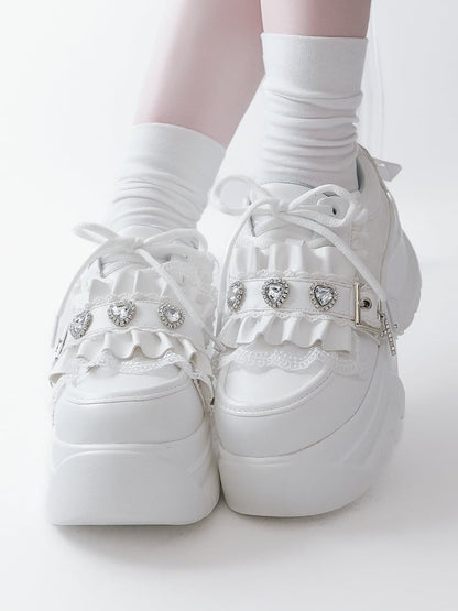 Lacing Crystal Kei Heart Back Jirai Shoes - Platform White
