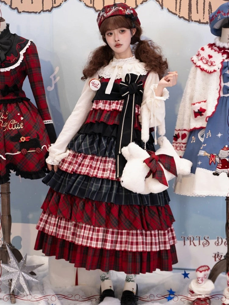 Sweet Lolita Red and Black Plaid Patchwork Long Layered JSK Gown with Bowknot Brooch - iris de nuit
