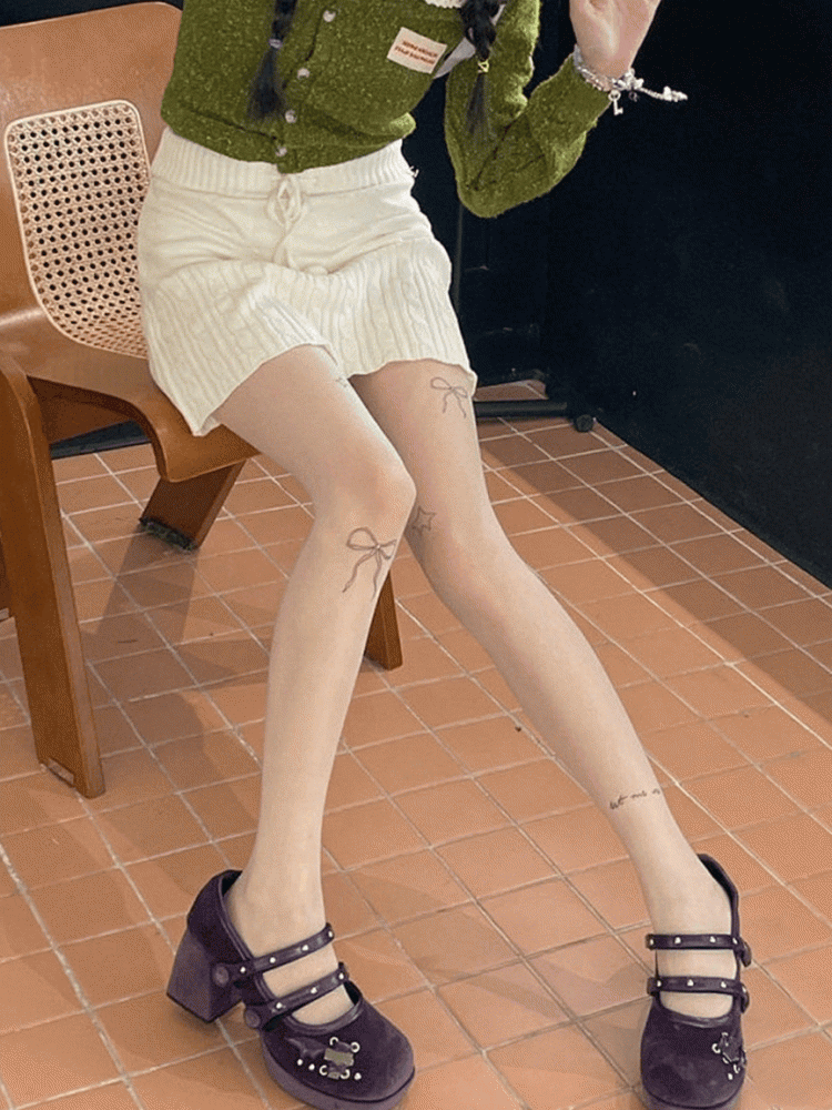 Semi-sheer and White/Nude Print Pantyhose Star Bowknot
