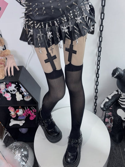 Cross Gyaru Applique Hosenträger Mode Y2K Schwarz/Weiß Strümpfe