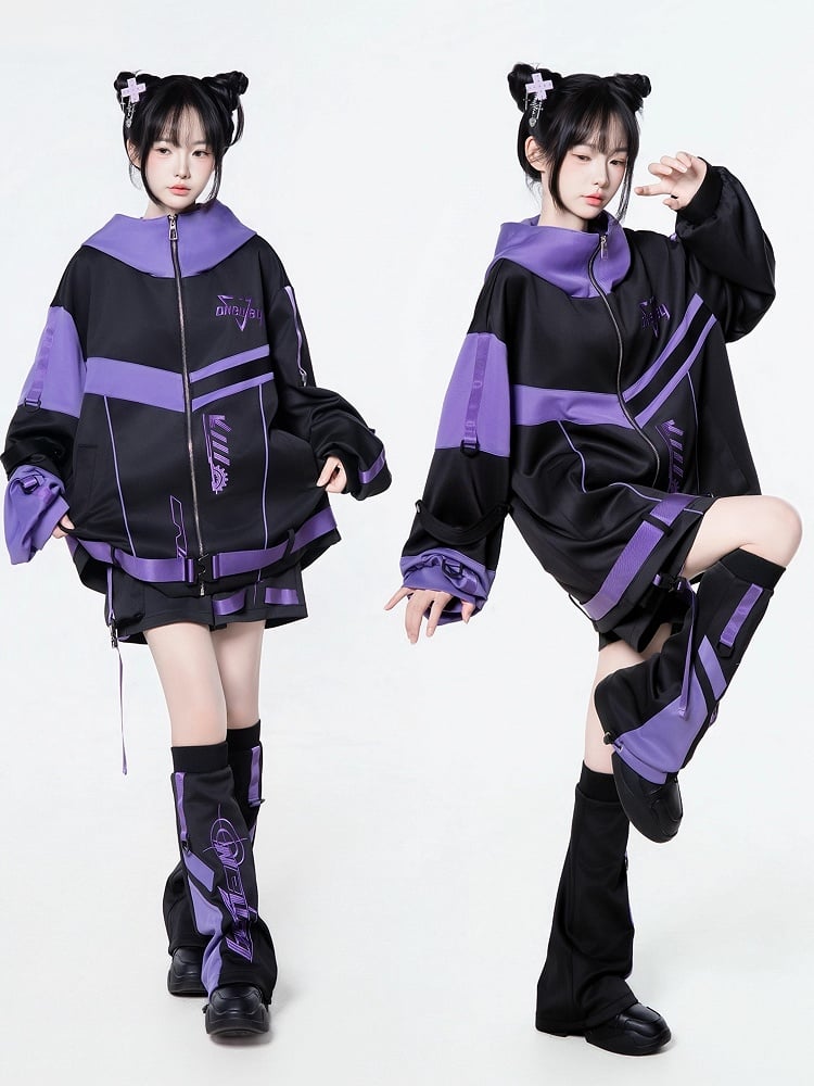 J-Style Futuristic Hooded Techwear in Landmine - Purple Jacket Black Outfit