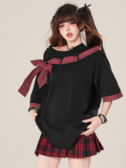 T-shirt Plaid Neckline Pattern Asymmetrical Bowknot Black/Gray