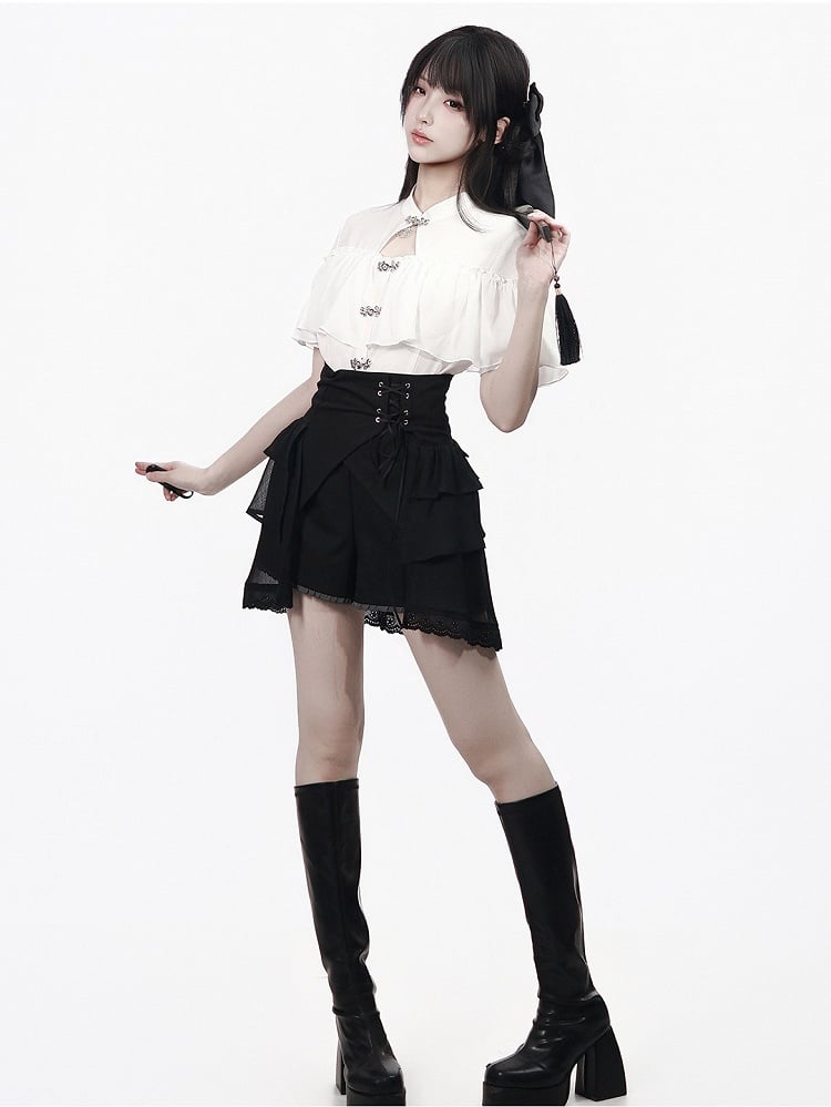 Black Ruffled Hem Shorts in Oriental Style - PINK SAVIOR