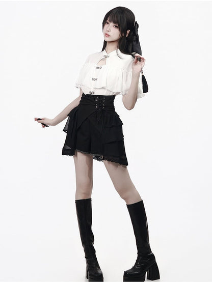 Black Ruffled Hem Shorts in Oriental Style - PINK SAVIOR