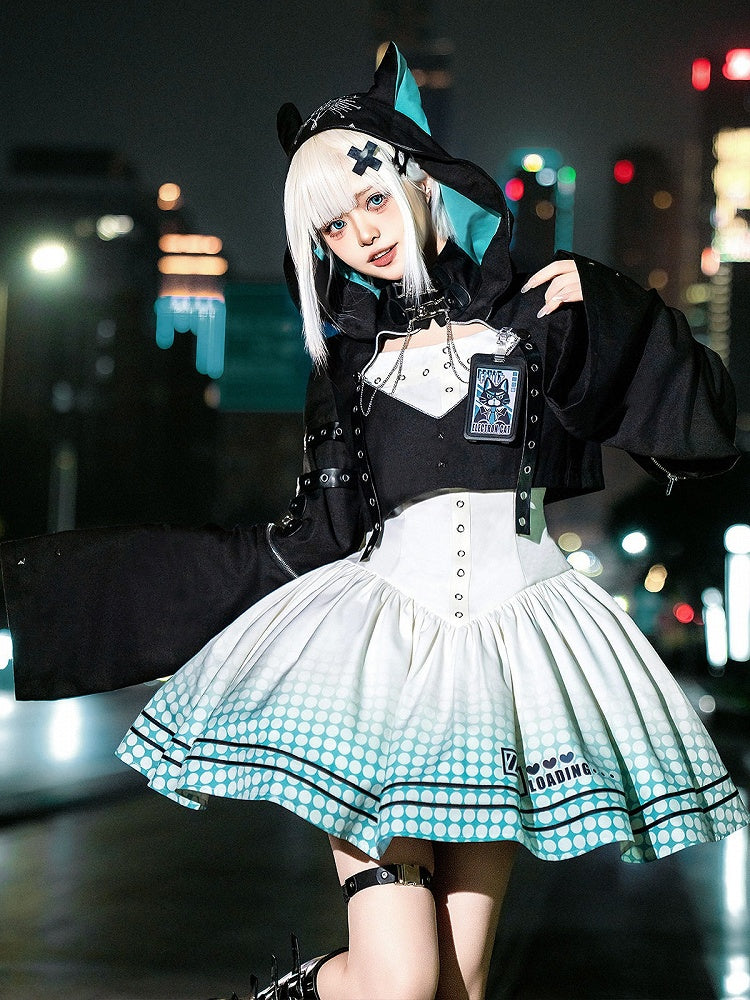 Electronic Cat Cutout Hooded Crop Top & Self-Tie Gown in Black Blue - Xiong Dou Jiang