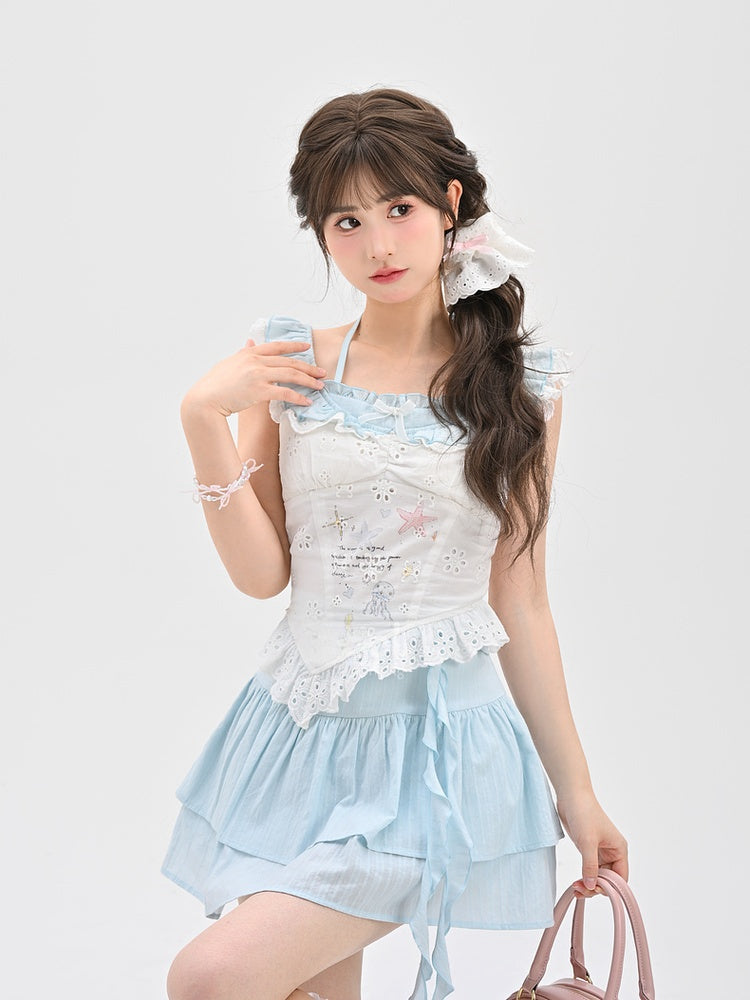 Ärmelloses Top mit gebogenen Ärmeln, weißem Saum, Seestern- und Quallen-Graffiti-Flatter