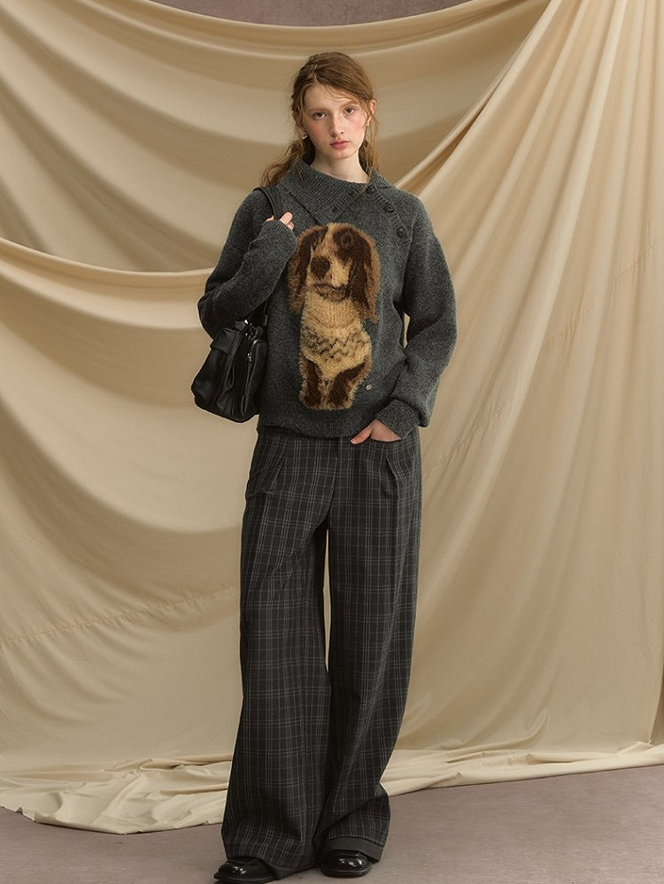 Vintage-Inspired Asymmetrical Neckline Sweater with Plush Sausage Dog Design Apricot/Dark Gray