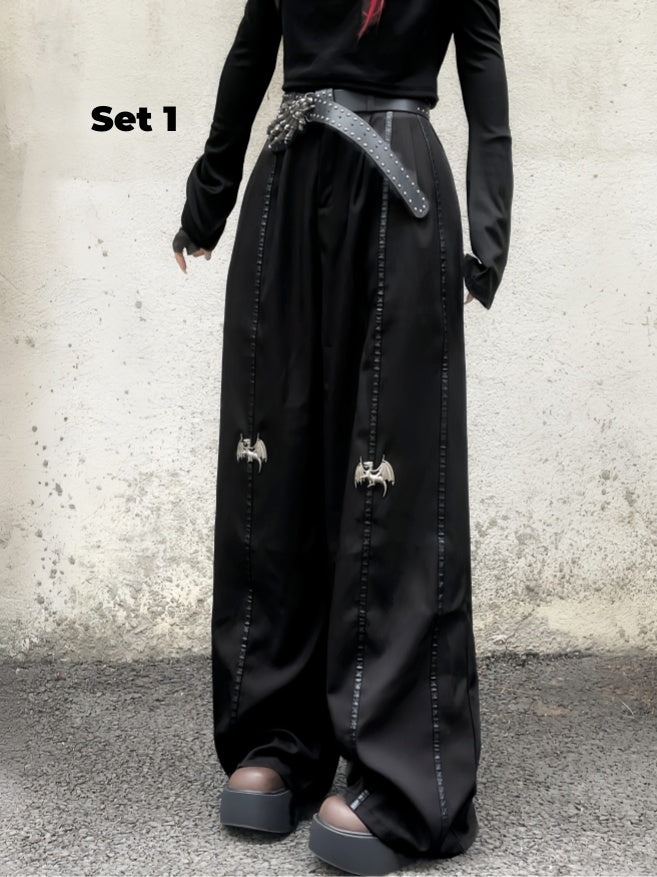 丈長めのフロア ブラック メタル ドラゴン ニー ワイドレッグ パンツ