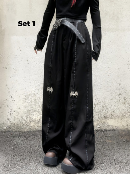 丈長めのフロア ブラック メタル ドラゴン ニー ワイドレッグ パンツ