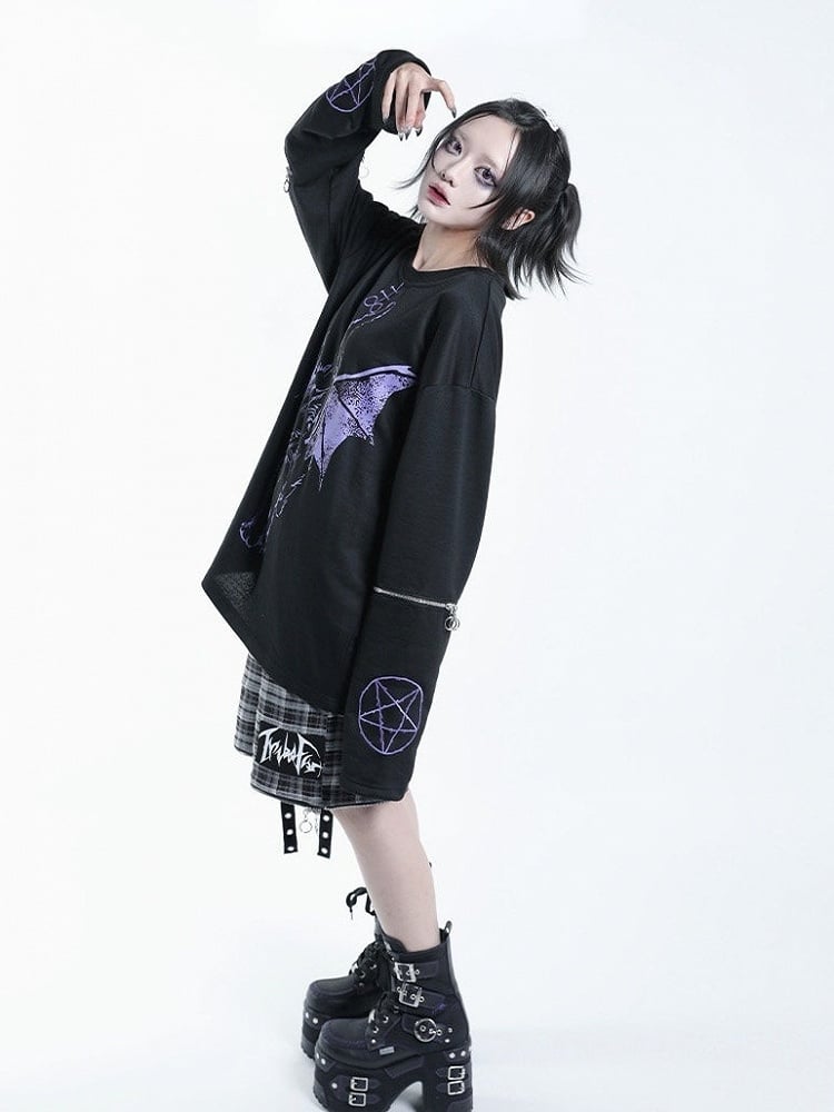 Dark Kawaii Purple & Black Hell Cat Graphic Embroidered Zip Sweatshirt - Tribuo Flos