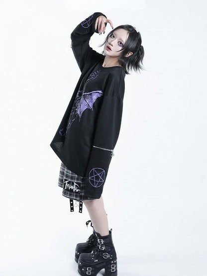 Dark Kawaii Purple & Black Hell Cat Graphic Embroidered Zip Sweatshirt - Tribuo Flos