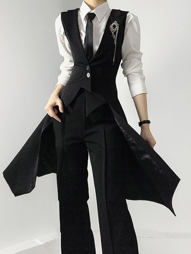 Ouji Lolita Black Tailcoat Vest with Peaked Lapel by ASAE