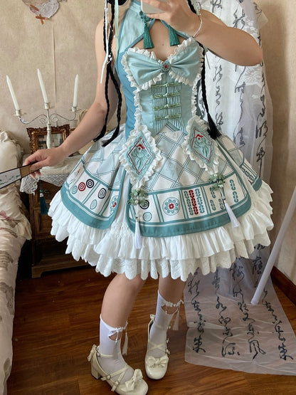 Mahjong-Themed Halter Top & Skirt Set in White & Green with Tassels - Maiden Portal