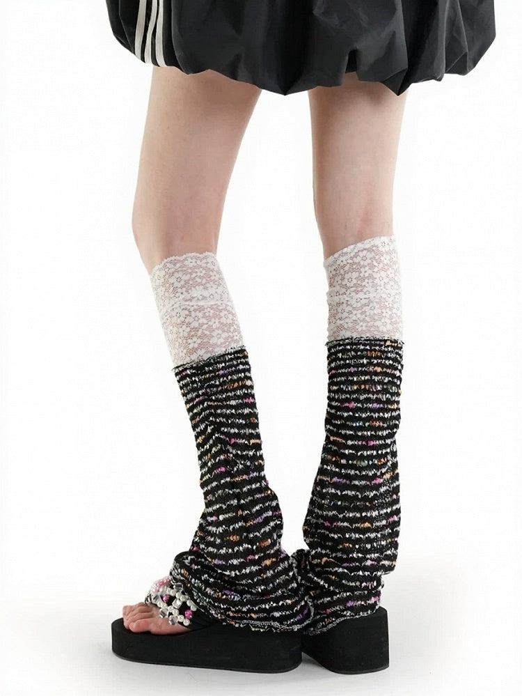 Two-Tone Knit Leg Warmers with Lace Trim - ModaSwings