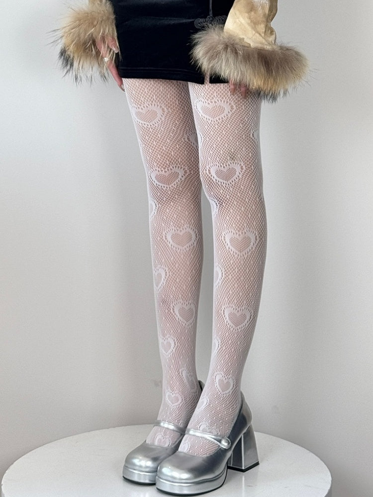 Polka-dot Tights Heart Details Y2K Pattern Black/White