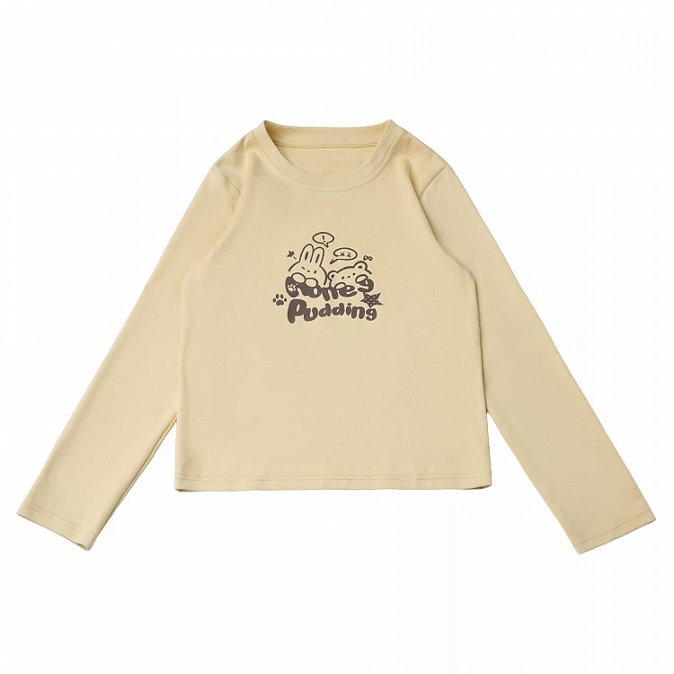 Yellow Crew Neck Long Sleeve Top with Bunny Bear Cartoon Print - PINK SAVIOR