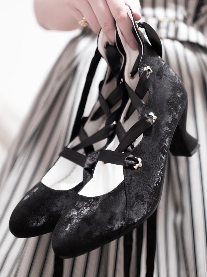 Pointed - High-heel Lace-up Design Lolita Toe Black Shoes Closure Elegant