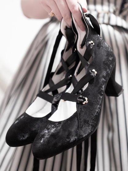 Pointed - High-heel Lace-up Design Lolita Toe Black Shoes Closure Elegant