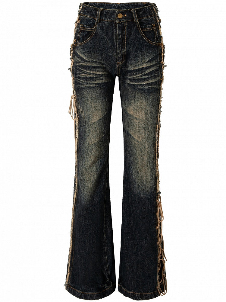 Fishtail Punk Schnürdetail Wasteland Dark Jeans Saum Raw Blue