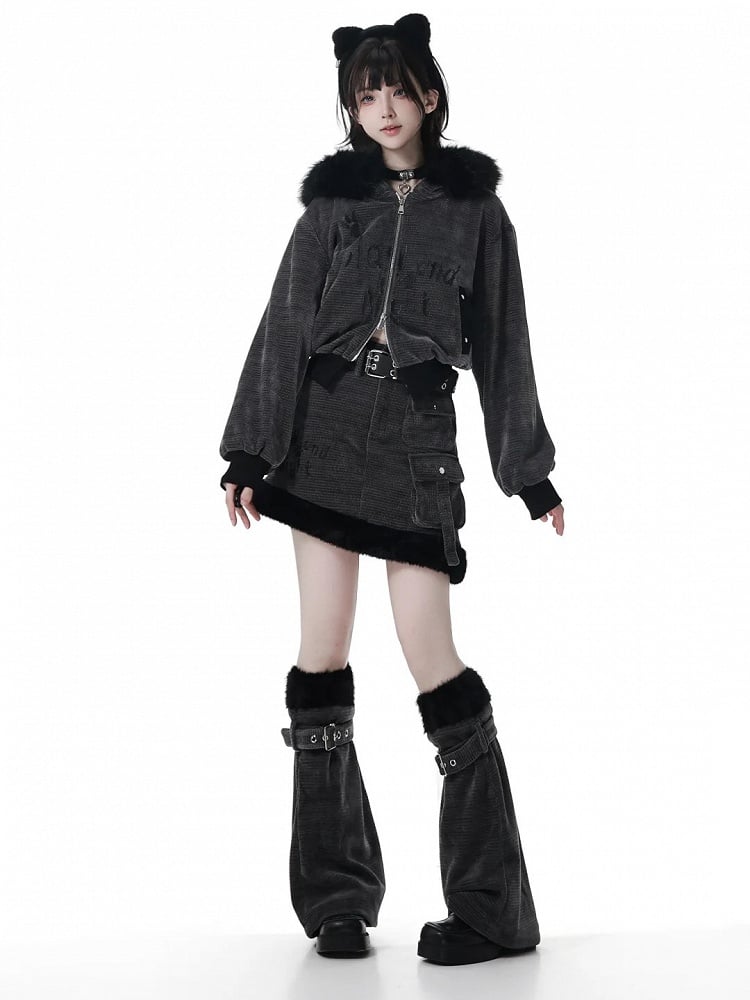 in Ears Jacket Trim Corn Faux Wolf Rib Dark Gray Texture Fur Hooded