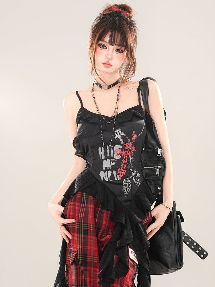 Black Cross Asymmetrical Flounce Hem Cami Top