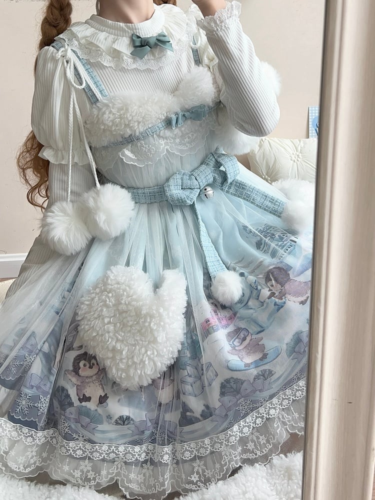 Sweet Winter High Waist Lolita JSK with Blue Penguin Print - Lineall Cat