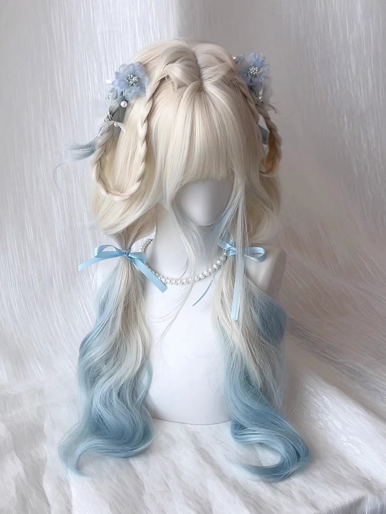 Bangs Wig Full 70CM Platinum Wavy with Blue Ombre Blonde