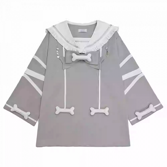 Design Accents Zipper Shoulder Bone Dress Gray Jirai Kei Sailor Collar