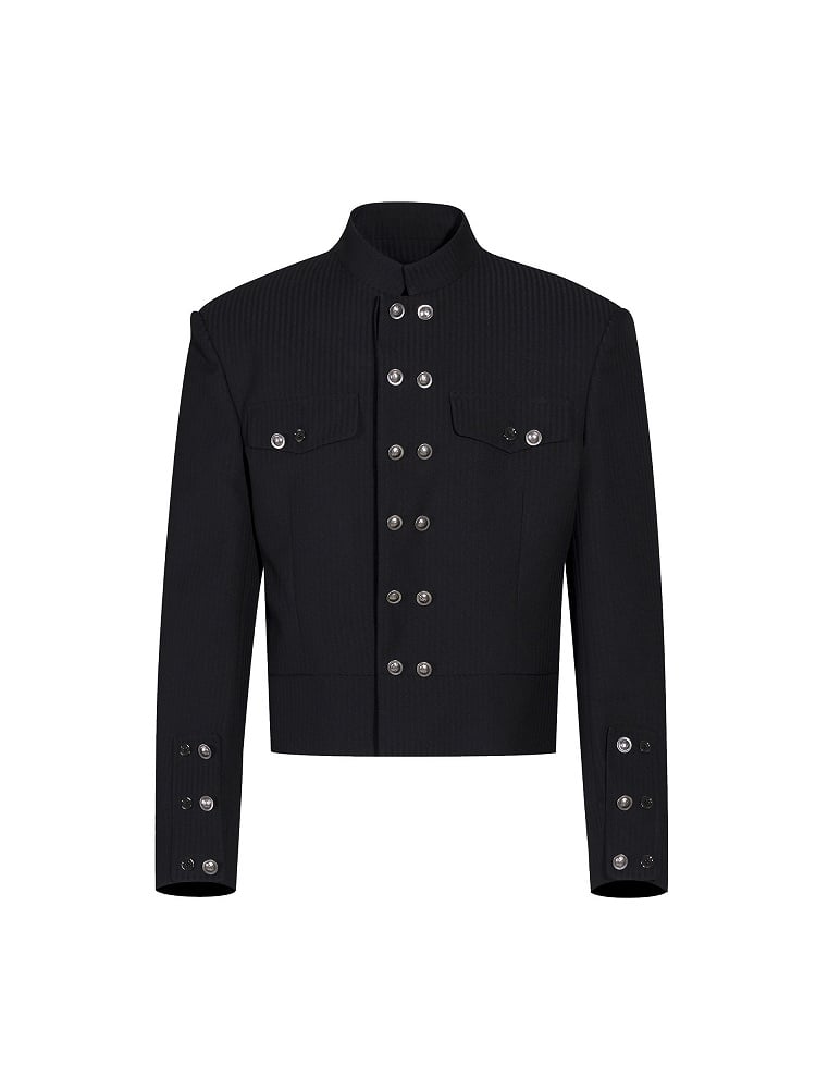 Stripe Black with Unisex Double-breasted Shoulders Padded Mock Button Placket Jacket Neck