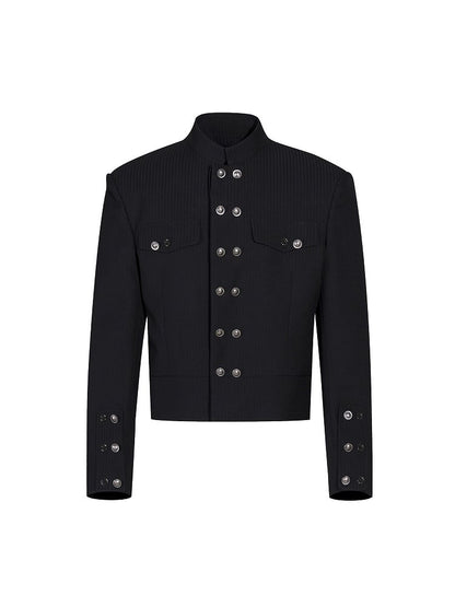 Stripe Black with Unisex Double-breasted Shoulders Padded Mock Button Placket Jacket Neck