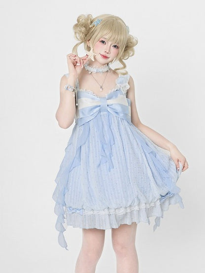 Blue Polka Dot Bow Sleeveless Bubble Dress with Lace - Tan Tuan