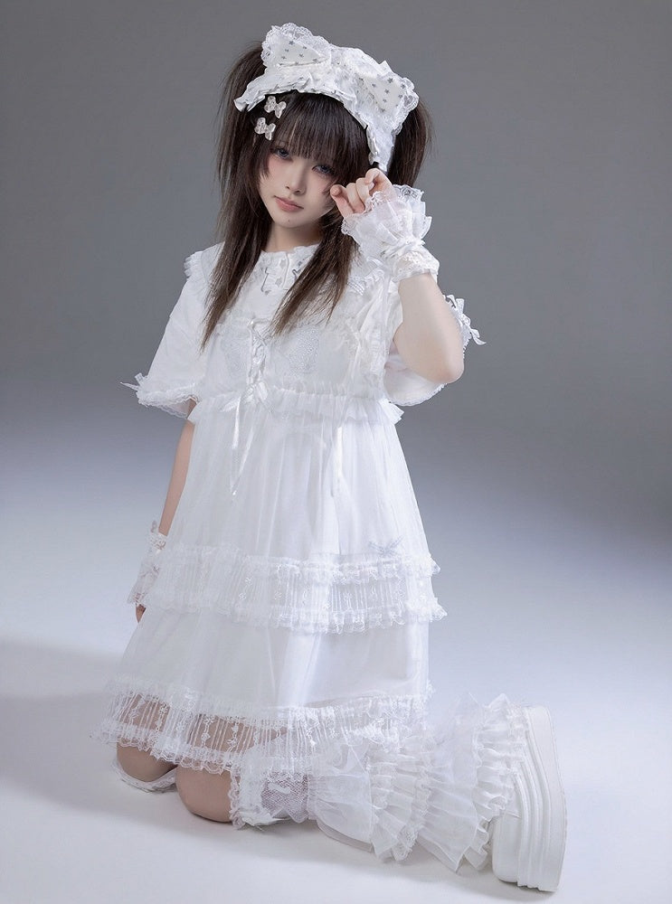 Peter Pan Collar Short Sleeve T-Shirt Dress with Print & Bows - Fluffy Heart